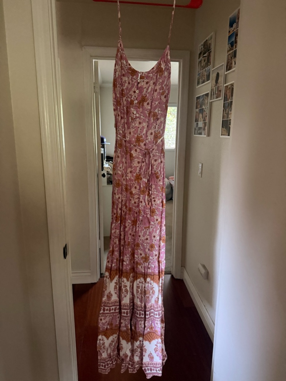 Aakaa Pink Floral Tie-Waist Maxi Dress with Spaghetti Straps